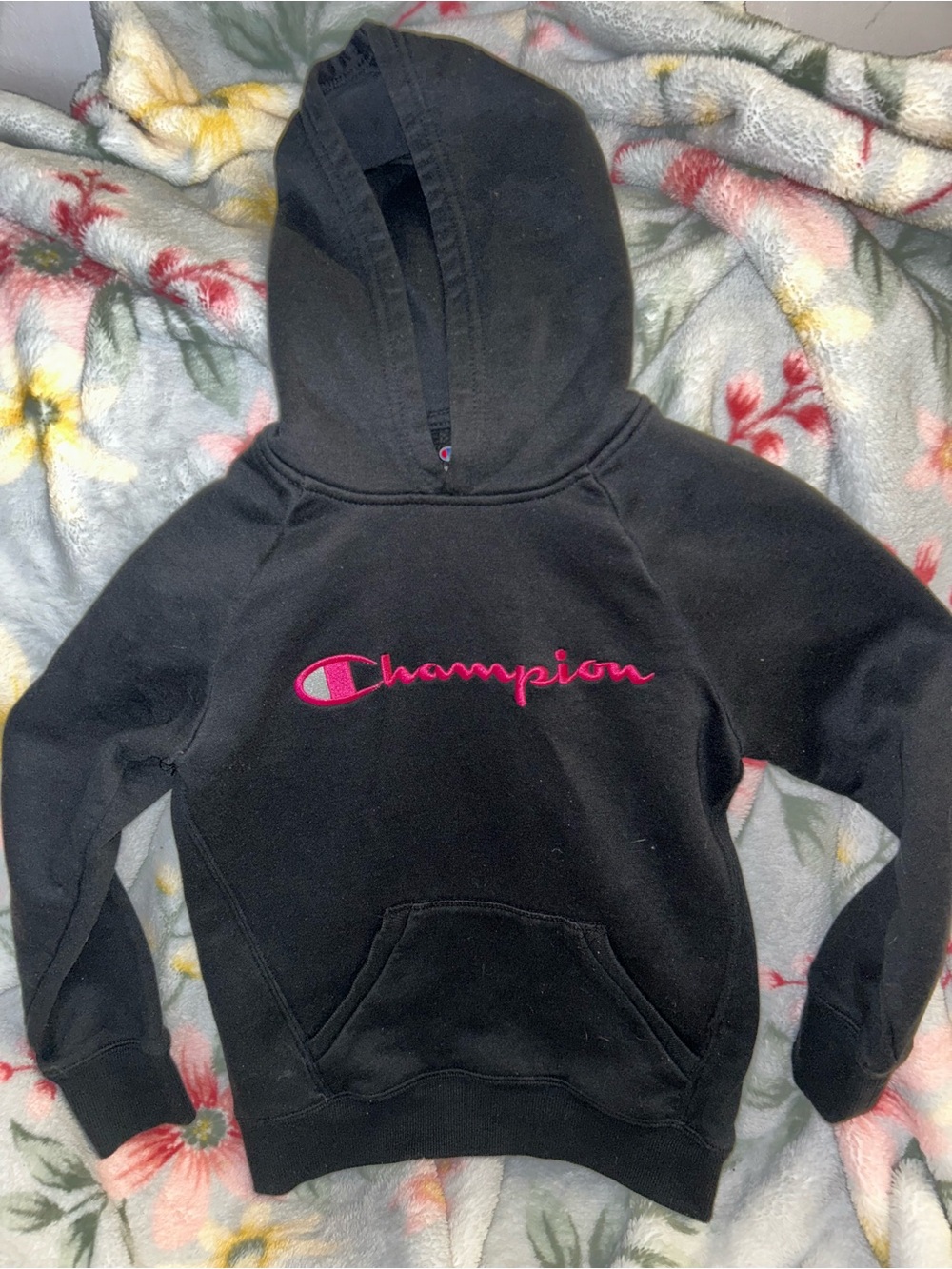 Champion Kids Black Hoodie with Pink Logo Script